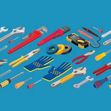 Construction tools seamless pattern. Isometric Vector set of Instruments. Illustrazione stock