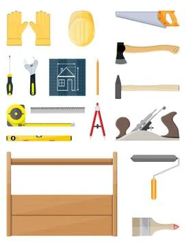 Construction tools set. Carpentry instruments. Ilustración de archivo