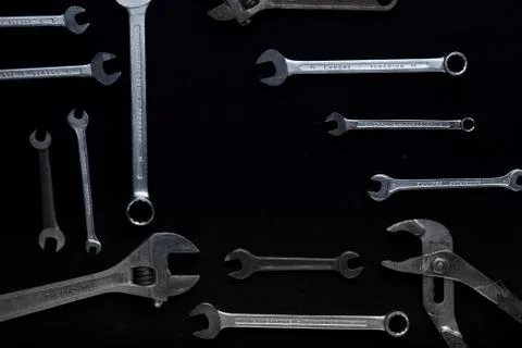Construction tools set on dark background. Assortment instruments for repairman Foto stock