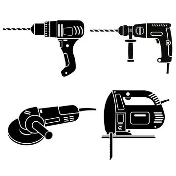 Construction tools set electric drill hammer and grinder, black icon stencil Stock Illustration