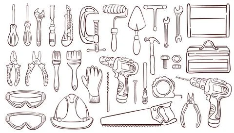 Construction tools set in line art style. Doodle design of wrench, brush Stock Illustration
