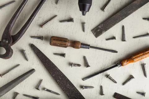 Construction tools set on wooden light background. Assortment instruments for 스톡 사진