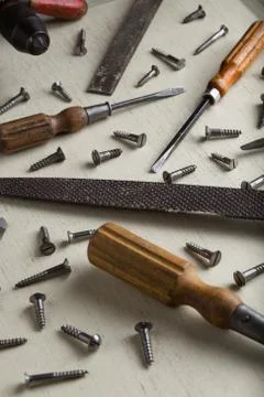 Construction tools set on wooden light background. Assortment instruments for Stock Photos