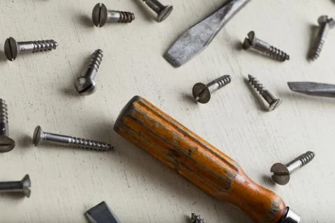 Construction tools set on wooden light background. Assortment instruments for Stock Photos