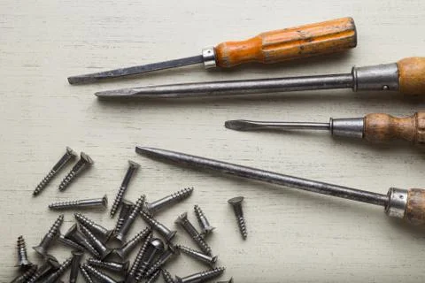 Construction tools set on wooden light background. Assortment instruments for Stock Photos