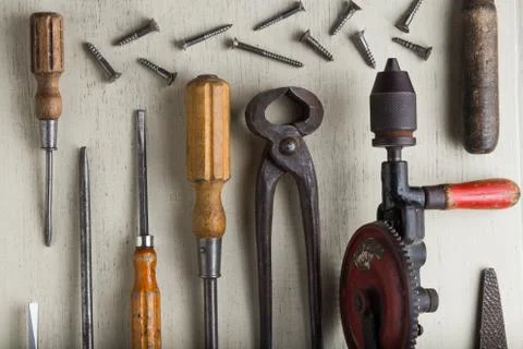 Construction tools set on wooden light background. Assortment instruments for Stock Photos