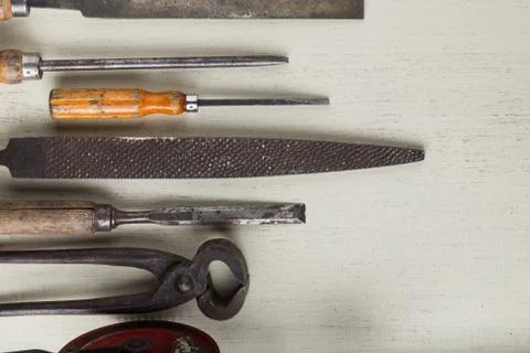 Construction tools set on wooden light background. Assortment instruments for Stock Photos