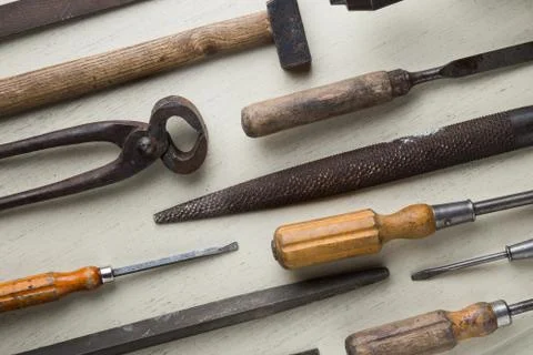 Construction tools set on wooden light background. Assortment instruments for Stock Photos