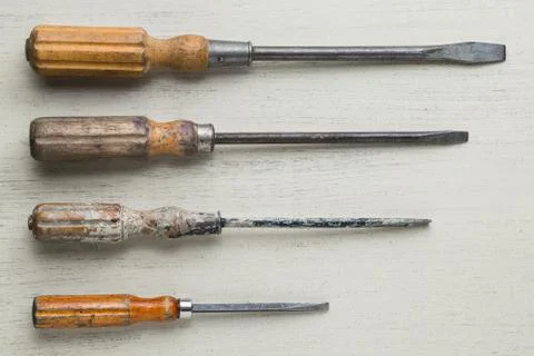 Construction tools set on wooden light background. Assortment instruments for Stock Photos