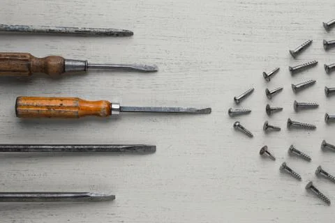 Construction tools set on wooden light background. Assortment instruments for Stock Photos