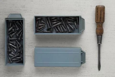 Construction tools set on wooden light background. Assortment instruments for Stock Photos