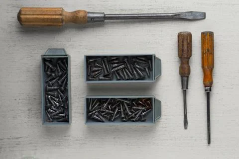 Construction tools set on wooden light background. Assortment instruments for Foto stock