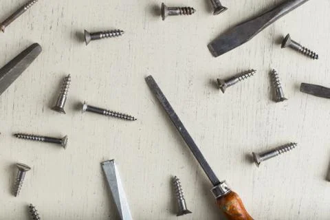 Construction tools set on wooden light background. Assortment instruments for Foto stock