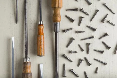Construction tools set on wooden light background. Assortment instruments for Stock Photos
