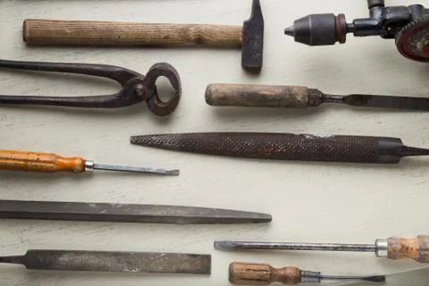 Construction tools set on wooden light background. Assortment instruments for Foto stock