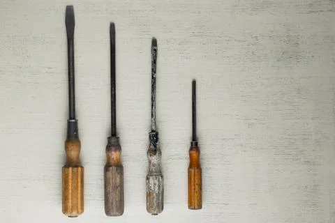 Construction tools set on wooden light background. Assortment instruments for Stock Photos
