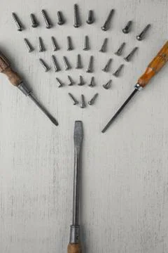 Construction tools set on wooden light background. Assortment instruments for Foto stock