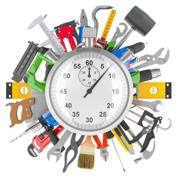 Construction Tools with stopwatch, 3D rendering Stock Illustration