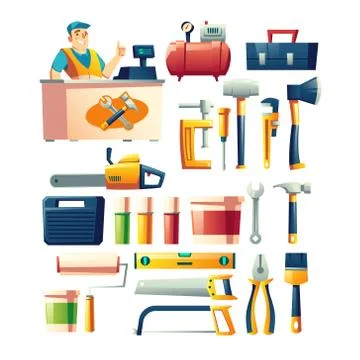 Construction tools store assortment cartoon vector Stock Illustration