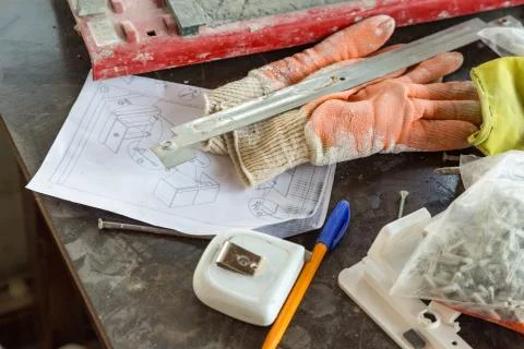 Construction tools on the table with instruction paper Stock Photos