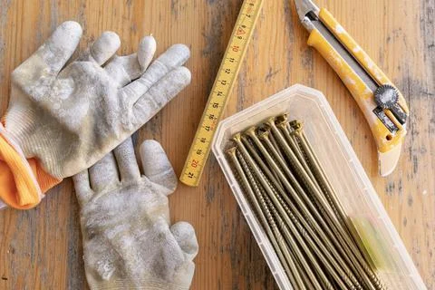 Construction tools top view build equipments Stock Photos