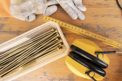 Construction tools top view build equipments Stock Photos