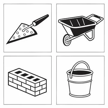 Construction tools: trowel, wheelbarrow, bricks, bucket, black and white Stock Illustration