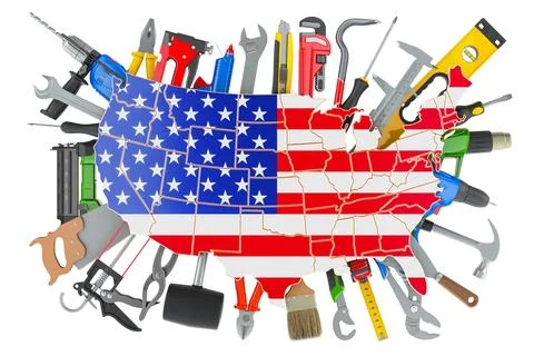 Construction Tools with the USA map. Service and repair in USA concept. 3D .. Stock Illustration