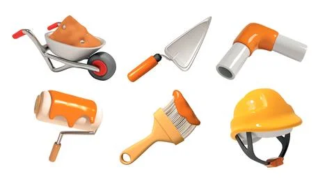 Construction Tools vector 3d icon set with Wheelbarrow Illustrazione stock