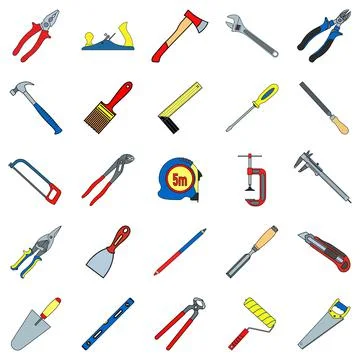 Construction tools. Vector color illustrations set isolated on white background. Stock Illustration
