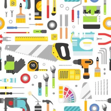 Construction tools vector icons seamless pattern. Hand equipment background in Illustrazione stock