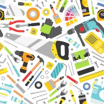 Construction tools vector icons seamless pattern. Hand equipment background in 스톡 일러스트