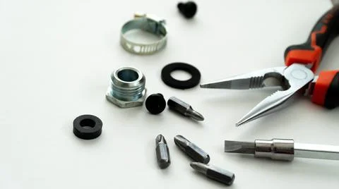 Construction tools on a white background close-up Stock Photos