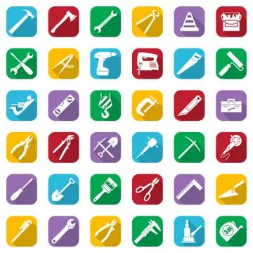 Construction tools white icons set on a color square. Vector industrial signs Illustrazione stock