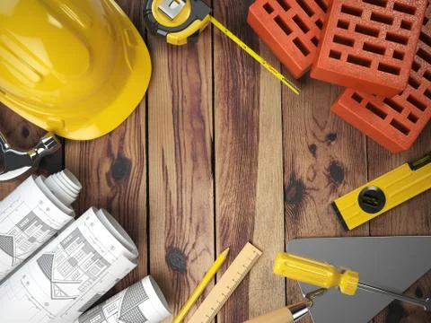 Construction tools on a wooden background. Hard helmet, bricks, trowel, drawi Stock Illustration