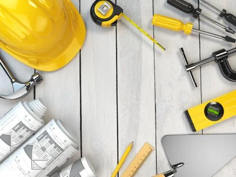 Construction tools on a wooden background. Hard helmet,  trowel, drawing and Stock Illustration