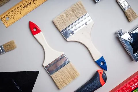 Construction tools for work and repair. Ruler, brush, spatula. Stock Photos