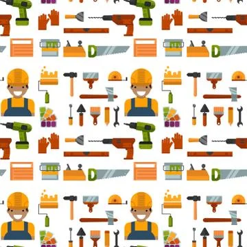 Construction tools worker equipment house renovation seamless pattern background Stock Illustration