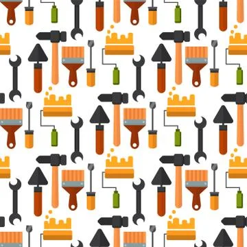 Construction tools worker equipment house renovation seamless pattern background Illustrazione stock