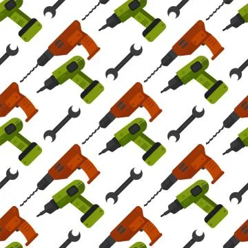 Construction tools worker equipment house renovation seamless pattern background Illustrazione stock