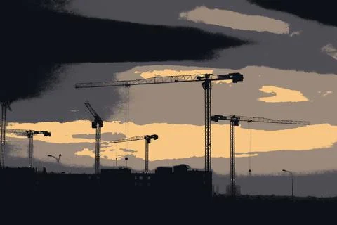 Construction, tower cranes are working on the background of the sunset. Stock Illustration