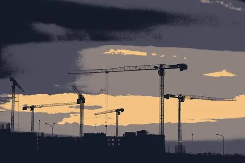 Construction, tower cranes are working on the background of the sunset. Stock Illustration