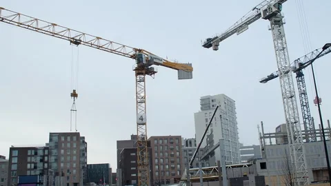 Construction tower cranes sit idle at large building site: flat light Stock Footage 263935904