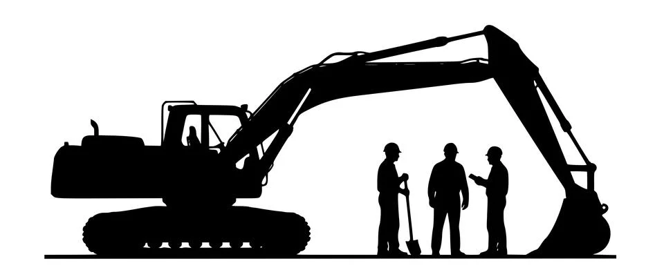 Construction Tractor and Builders Silhouette Full Black Vector Stock Illustration