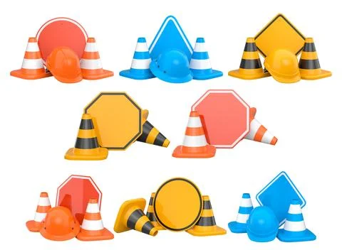 Construction traffic cones and road signs isolated on white background with.. Stock Illustration