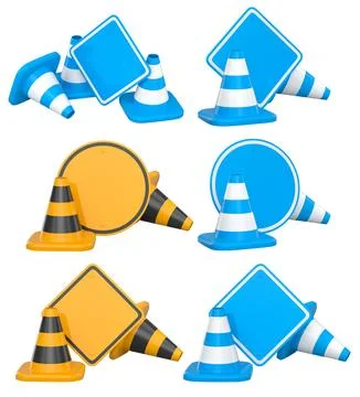 Construction traffic cones and road signs isolated on white background with.. Stock Photos