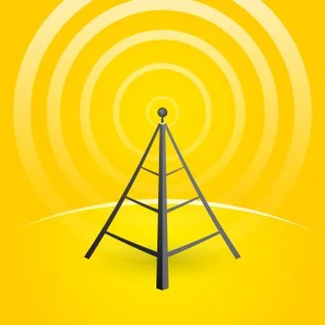 Construction of a transmitter on a yellow background with waves Illustrazione stock