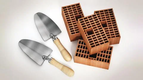 Construction trowel and bricks isolated on white background. 3D illustration Stock Illustration