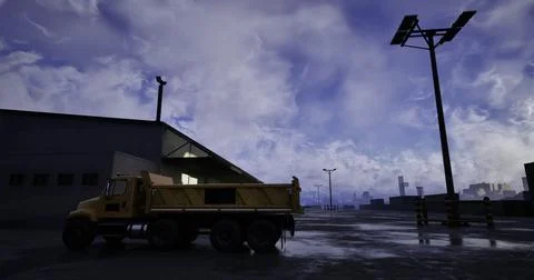 Construction truck parked under cloudy sky at urban site during evening Ilustración de archivo