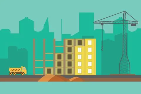 Construction vector background.Building process web banner in flat style Ilustración de archivo